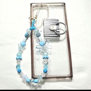 Cute Pastel Blue White Iridescent Beaded Girly Dainty  Phone Charm Wrist Strap